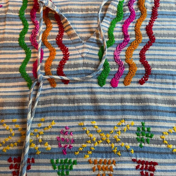 Size Large Anthropologie Ruby Yaya blue white stripes embroidered cotton dress - Picture 10 of 14